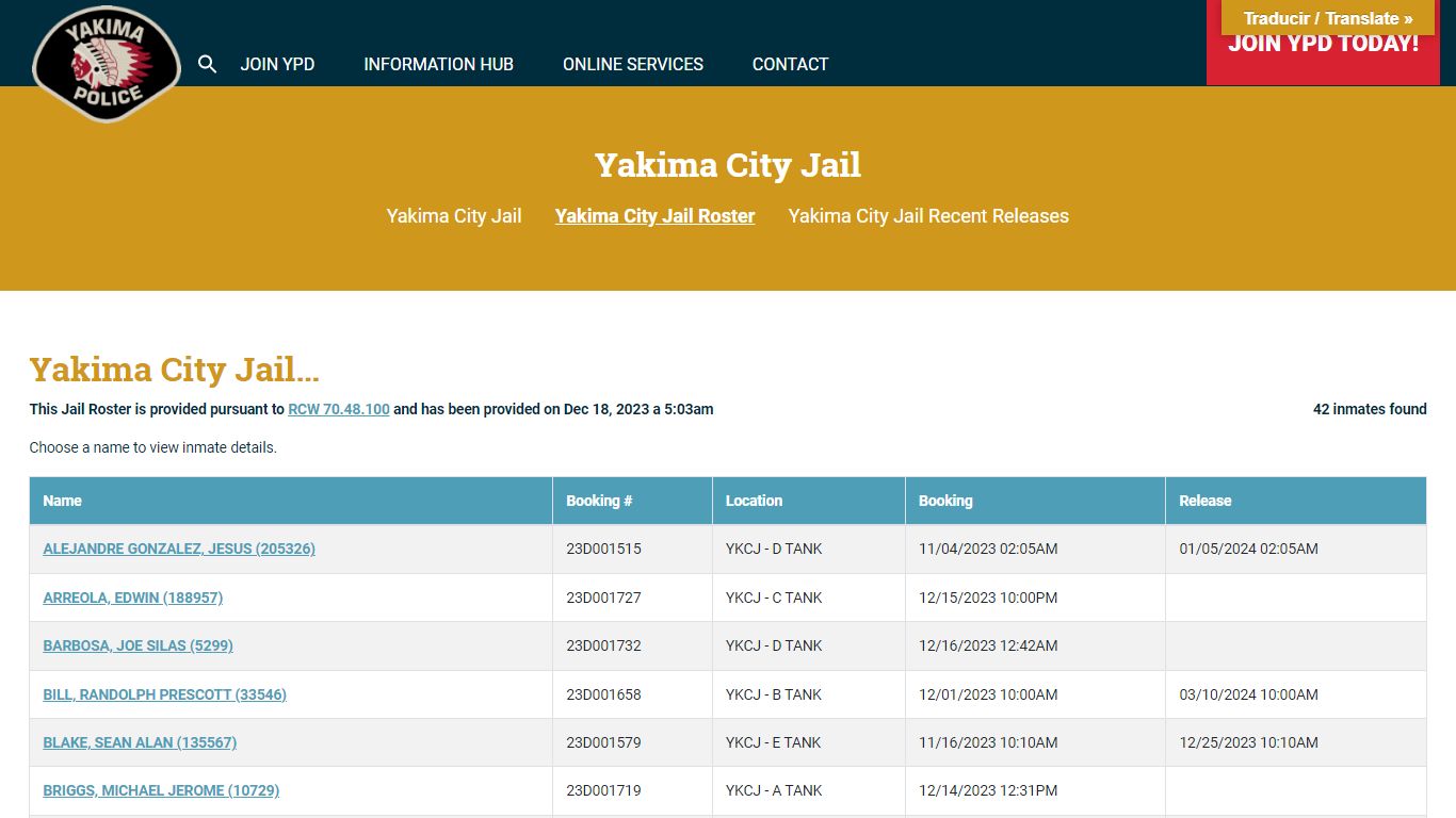 Yakima City Jail Roster | Yakima Police Department